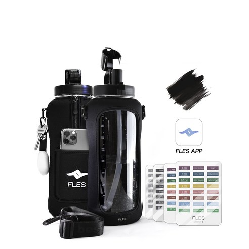 플레스 2L BPA Free 물병 트라이탄 운동용 친환경 휴대용 물통(App 제공) + 빨대 + 스트랩, 베이직 블랙