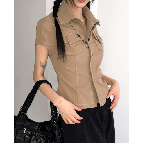 노티아 빈티지 포켓 스냅 반팔 셔츠