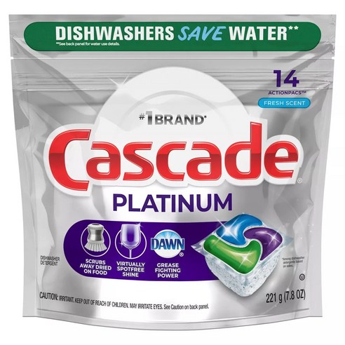 Cascade 플래티넘 액션팩 프레시 식기세척기용 세제, 221g, 3개