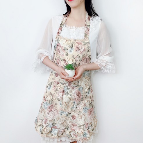 DFMEI 여자 패션 주방 플라워 수술 앞치마 이중 방유 방수 가정용 앞치마, 연베이지