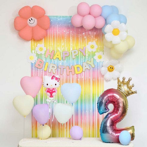 [피앤비유니티]스마일데이지 풍선스탠드 생일장식커튼세트 펌프포함, 1세트, 28-2)헬로우키티 마카롱커튼세트2