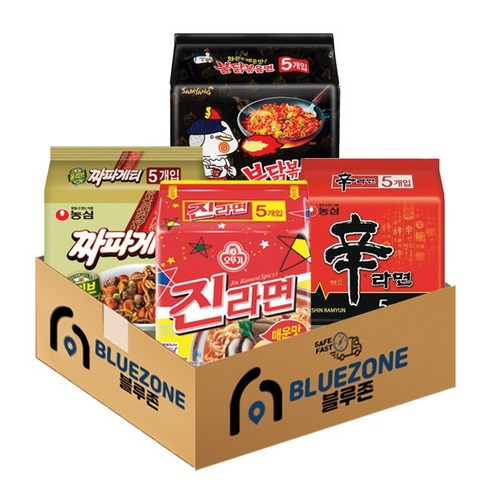 농심 오뚜기 삼양 봉지라면 4종 (신라면 5입 + 짜파게티 5입 + 진라면 매운맛 5입 + 불닭볶음 5입), 1세트