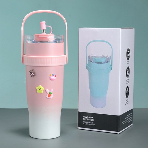 1.2L그러데이션 컬러 진공 스텐 냉온 텀블러 휴대용얼음컵 커피잔 자동차컵40oz+3D 입체 스티커, 그러데이션 핑크, 1200ml, 1개