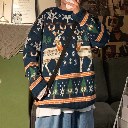 [ICE STONE] ZAZOMDE-유니섹스 크리스마스 스웨터 재미있는 순록 프린트 크리스마스 스웨터 셔츠 남성 크루넥 겨울 크리스마스 스웨터 점퍼 탑