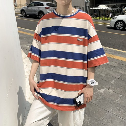 EFMEI 여름 컬러 스트라이프 반팔 티셔츠 패션 브랜드 홍콩 스타일 커플 반팔 티셔츠베이스 탑