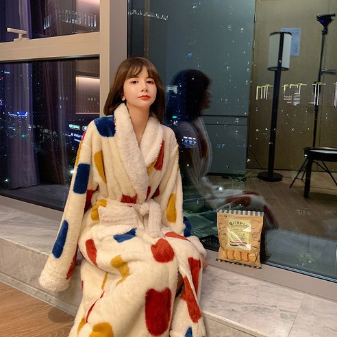 DFMEI-Y 산호 양털 잠옷 여성 겨울 두꺼운 벨벳 잠옷 긴 귀여운 Overknee 플란넬 목욕 가운, DFMEI 2682 화이트, {"패션의류/잡화 사이즈":"M [85-100]"}