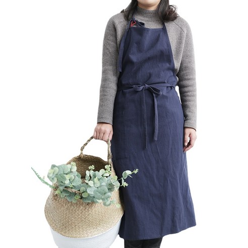 ANKRIC 아마면 및 린넨 앞치마 한국어 버전 일본 꽃 그림 앞치마 자수 선물 패션 허리 원피스앞치마, 온몸이 검푸른색이다
