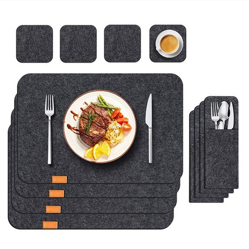 코코유고품격 양모 펠트사각형 데코 4인용 식탁매트 컵받침 식기 가방, 44cm*30cm, 블랙