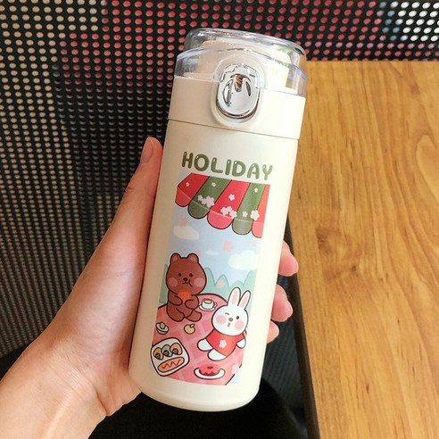 smy간단한 예술적 보온병 여성 하라주쿠 스타일 컵 학생 귀여운 패션 모리 스타일 소녀 컵, 화이트커버봄나들이/320Ml, 하나