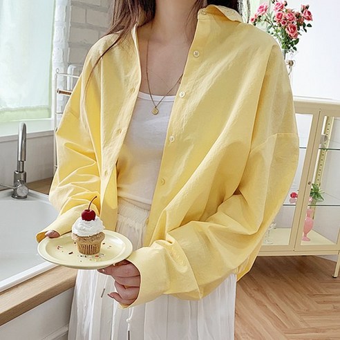 티데일리 스트링 코튼 루즈핏 셔츠 여성용 반크롭 무지 투웨이 남방