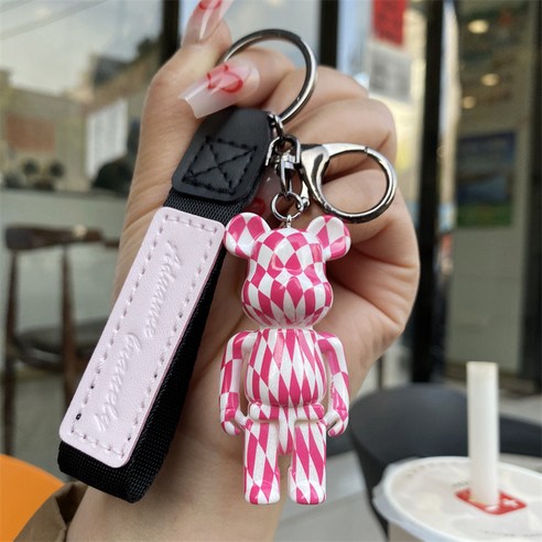 아크릴 스트라이프 폭력 곰 열쇠고리 창의 자동차 가방 커플 곰 열쇠고리 작은 액세서리, 핑크/핑크