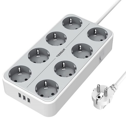 TESSAN 전원 스트립 한국 멀티 플러그 전기 소켓 8 AC 콘센트 3 USB 포트 스위치 과부하 보호 2M 연장 케이블 홈 오피스용 벽 장착형 전원 소켓, 01 Eu 플러그, 02 TS-304-GR
