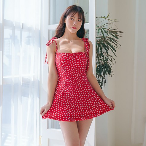 말랑비키 썸머플라워 모노키니 원피스 수영복, 레드