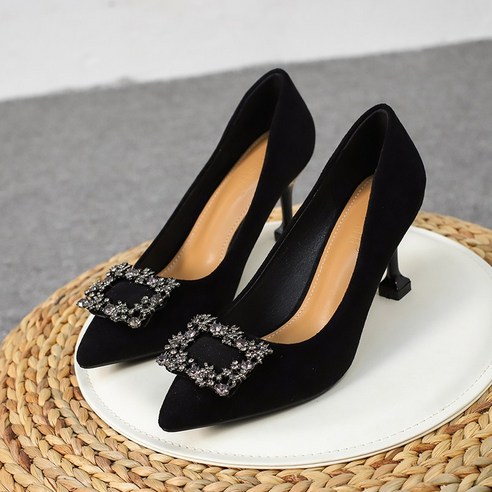 [CCOLATINI] 여성 하이힐 신발 2021 새로운 소형 313233 단일 신발 가을 중반 뒤꿈치 지적 전문 얇은 뒤꿈치 블랙 작업 신발