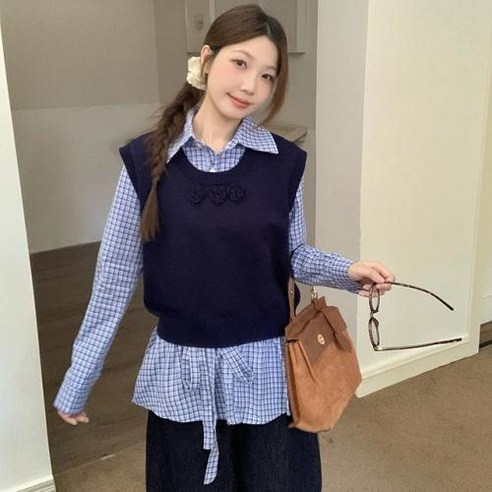 여자 트렌디어 타이트한 체크 무늬 긴 소매 셔츠 조끼 2 피스 양복 세련 가을 옷장 필수