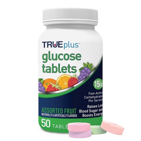 TRUEplus 포도당 정제, 츄어블, 열대 과일 맛, 빠르게 작용하는 탄수화물 15g, 지방 프리, 글루텐 프리, 저혈당 증가 및 에너지 향상, 50개, 3병