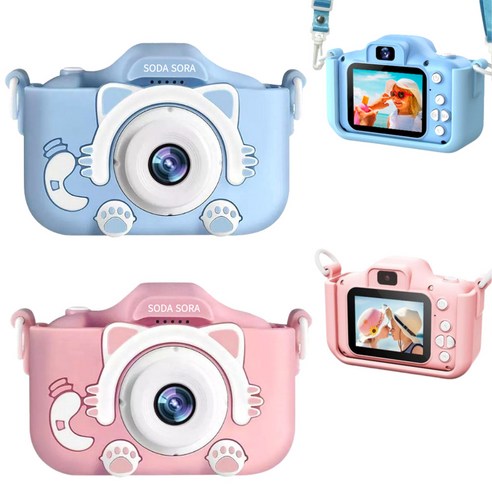 소다소라 셀카 어린이카메라 키즈 유아 장난감 고양이 사진기 어린이용 (32GB SD카드+카드리더기+배터리1000mAh+스티커사은품증정), 블루
