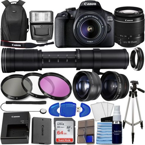 Canon 캐논 EOS 2000D DSLR 반격 T7 18-55mm 줌 렌즈 키트 64GB 메모리 420-800mm 슈퍼 광각 망원 3피스 필터 포토 백팩 삼각대 기타 34피스