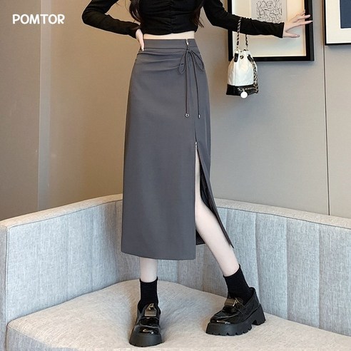 POMTOR 스커트 롱스커트 옆트임 지퍼 슬림 H라인 플리츠스커트