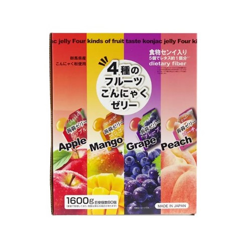 일본 곤약젤리 대용량 4종의 과일맛 사과 망고 포도 복숭아 80개입, 1.6kg, 1박스