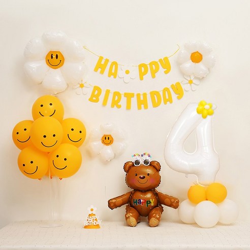 [피앤비유니티] 데이지곰돌이 가랜드형 생일풍선세트, 02-4)데이지곰돌이 가랜드형-브라운 숫자4, 1세트