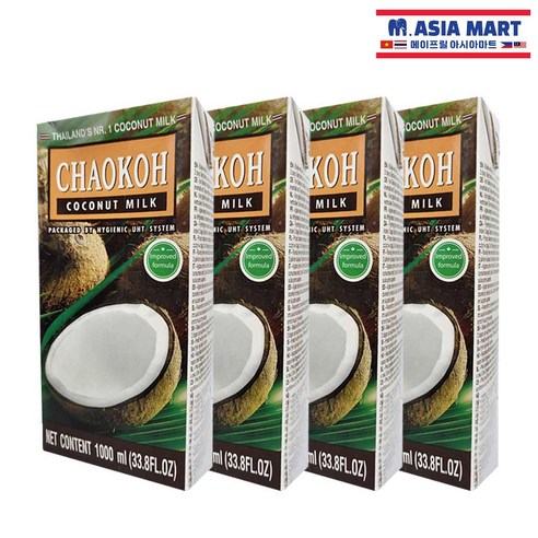 [태국] CHAOKOH 코코넛 밀크 1000ml X4 / COCONUT MILK 커리 파스타 베이킹 커피 차오코 할랄 HALAL, 1L, 4개
