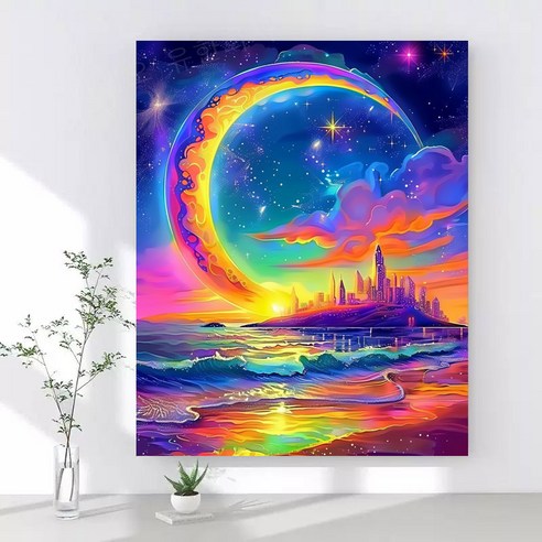 보석십자수 캔버스형 DIY 액자형 40x50cm 3D 대형 다이아몬드페인팅 그림 구슬십자수 행운 거실 인테리어 그림, 1개, 05 몽환적인 바다와 달