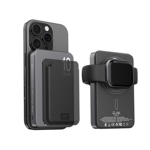 엘락 3in1 초슬림 초경량 무선 자석 맥세이프 고속 충전 5000mAh 보조배터리 에어팟충전 애플워치충전, 10,000mAh / 티타늄블랙