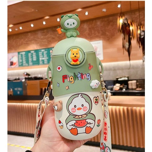 [LM] 500ml Kawaii 토끼 보온병 귀여운 스테인레스 스틸 보온병 물병 빨대와 절연 차가운 음료 컵, Green B