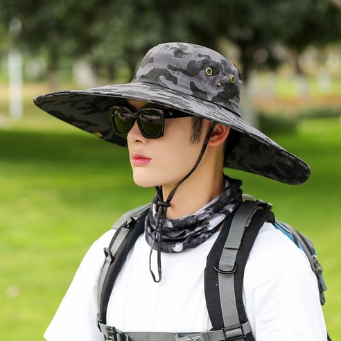 선스크린 모자 남자 여름 챙이 썬 모자 낚시 위장 어부 모자 남자 여자 해변 여름 야외 하이킹 모자, 평균 크기 (56-60cm), [16cm 위장] 회색