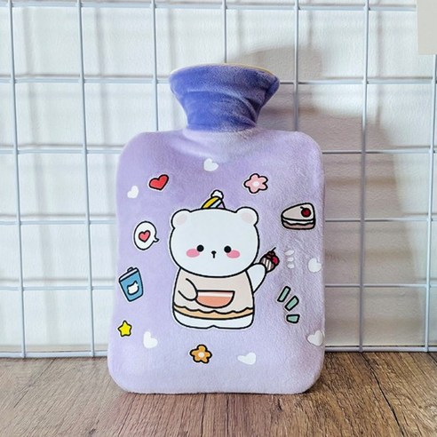에이와이 곰돌이 보온 커버 세트 물난로 캠핑 온수주머니, 퍼플-2000ml