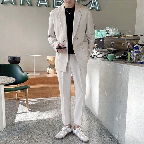 【DF】홍콩 스타일 잘 생긴 새로운 인터넷 연예인 Ruffian 생긴 정장 남자의 한국어 스타일 트렌디 코트 캐주얼 느슨한 양복 두 조각 정장