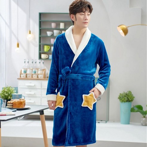 DFMEI-Y 가을 겨울 겨울 겨울 두꺼운 잠옷 플란넬 목욕 가운 가운 원피스 산호 양털 잠옷 남성, DFMEI 남자 로브 스타 다크 블루, 170(L)