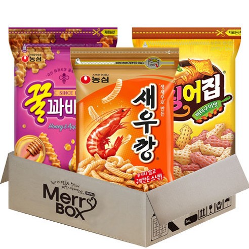 [메리박스] 농심 대용량 지퍼 스낵세트 3종 새우깡+꿀꽈배기+오징어집, 1세트