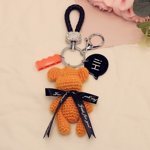아이디어 편제 니트 귀여운 곰돌이 열쇠고리 액세서리 자동차 가방 장식품 diy 여 선물 자물쇠, 오렌지색