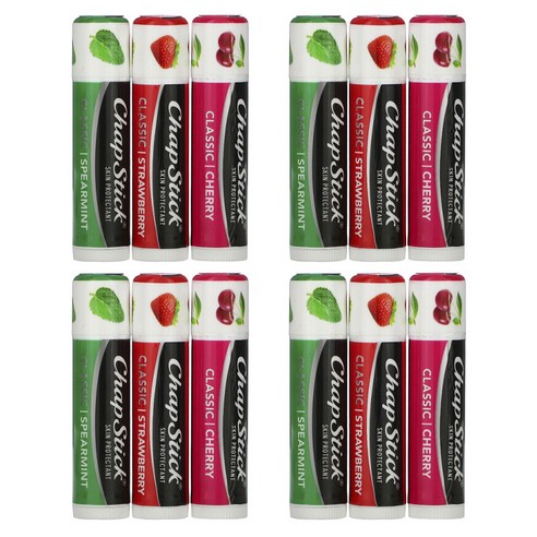 챕스틱 립 케어 스킨 프로텍턴트 클래식 콜렉션 4g, 12개, Spearmint+Cherry+Strawberry