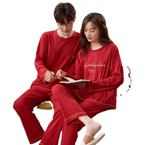 상하의 세트 다홍색 긴팔 잠옷 여 춘추 캐주얼 기거 신혼커플 홈웨어 세트