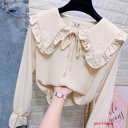 러플 넥 긴 소매 셔츠 여성용 봄 스위트 레트로 레이스 보링 셔츠 화이트 재킷