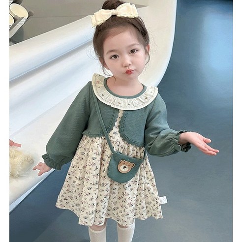 레드호호 여아봄가을 곰돌이 크로스백 니트 꽃무늬 원피스