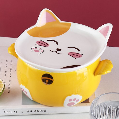 Kawaii 고양이라면 그릇 젓가락 뚜껑 숟가락 접시 세라믹 귀여운 주방 샐러드 과일 인스턴트 국수 쌀 대형 그릇 식기, YELLOW