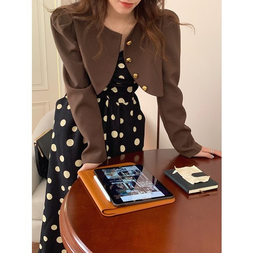 한국어 세련된 가을 겨울 레트로 우아한 폴카 도트 서스펜더 드레스 + 고급 짧은 정장 코트 투피스 정장 여성을위한