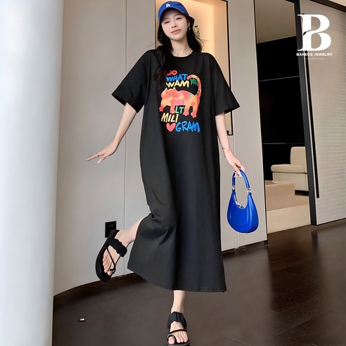 [바네코] 레인보우캣 빅사이즈 여성 박시 롱 원피스 티 홈웨어