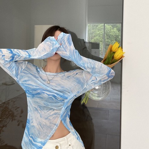 DFMEI 메쉬 염색 라운드 넥 긴팔 태양 방지 티셔츠 여성 디자인 감각 불규칙한 사이드 슬릿 슬림 탑, DFMEI 블루