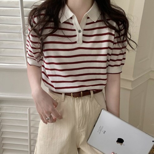[랜덤플레이] 카라넥 데일리룩 스트라이프 반팔 니트티