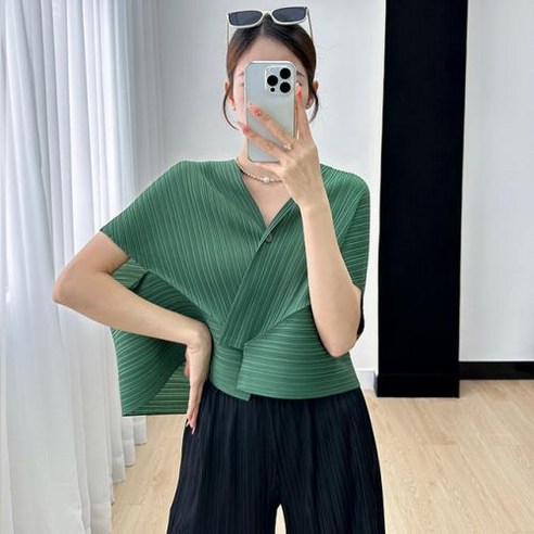 플리츠가디건 플리츠 자켓 블라우스 상의 여성 단추 단색 브이넥 슬리브 루즈 빅 사이즈