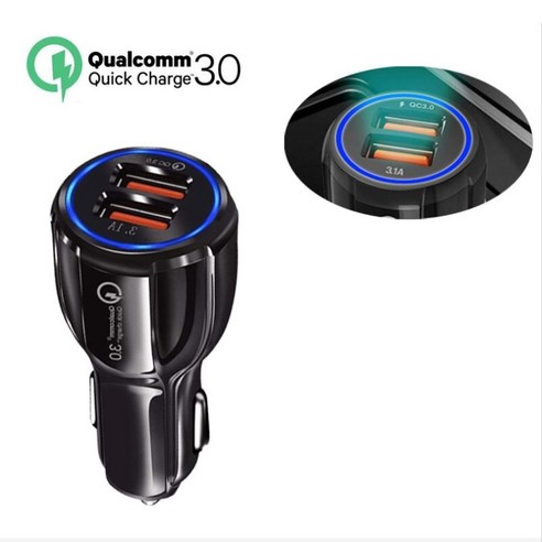자동차 충전기 qc3.0 모바일 내비게이션 후광 듀얼 USB 플래시 담배 라이터, 블랙 (베어 메탈)