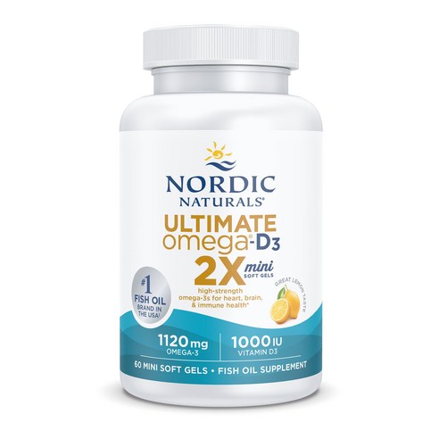 노르딕내츄럴스 얼티미트 오메가 2X 1120mg & 1000IU 비타민 D3 레몬 미니 소프트젤, 60정, 4개