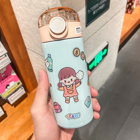 귀여운 캐릭터 DIY 탄개 텀블러 여성 고안치 빨대 컵 가정용 사무용 개성 학생 물컵, 청색, 330ML