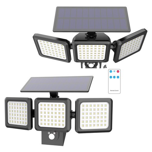 LED 감지등 태양광 벽등 야외 태양광 정원등 126LED 강광등 고출력 벽등 가로등 동작감지등 초고광도 LED등 태양광 3면 걸이등 충전 LED등, 원격 제어 없는 검은색