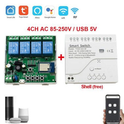 Tuya 스마트 원격 제어 무선 와이파이 스위치 모듈 1/2/4CH DC AC 7-32V 5V 12V 24V 220V RF 수신기 Alexa, 05 RF Without battery, 05 RF Without battery